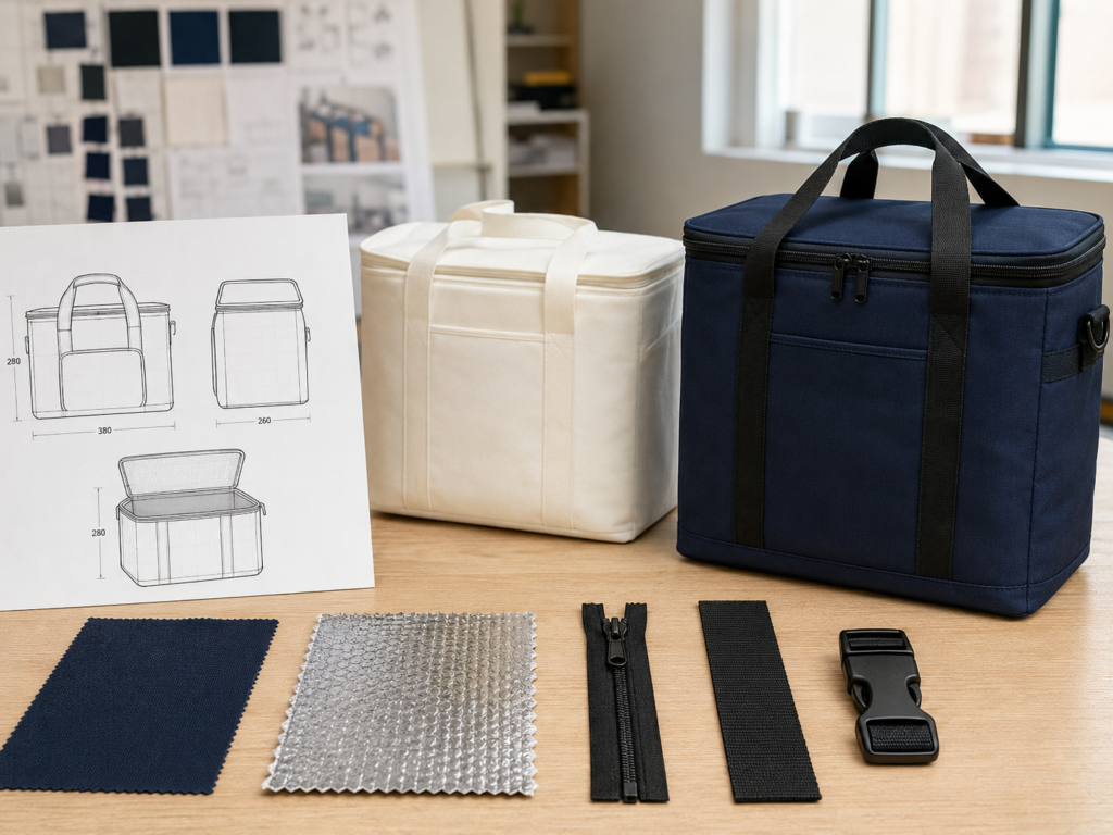 Custom functional bag development with material swatches and components