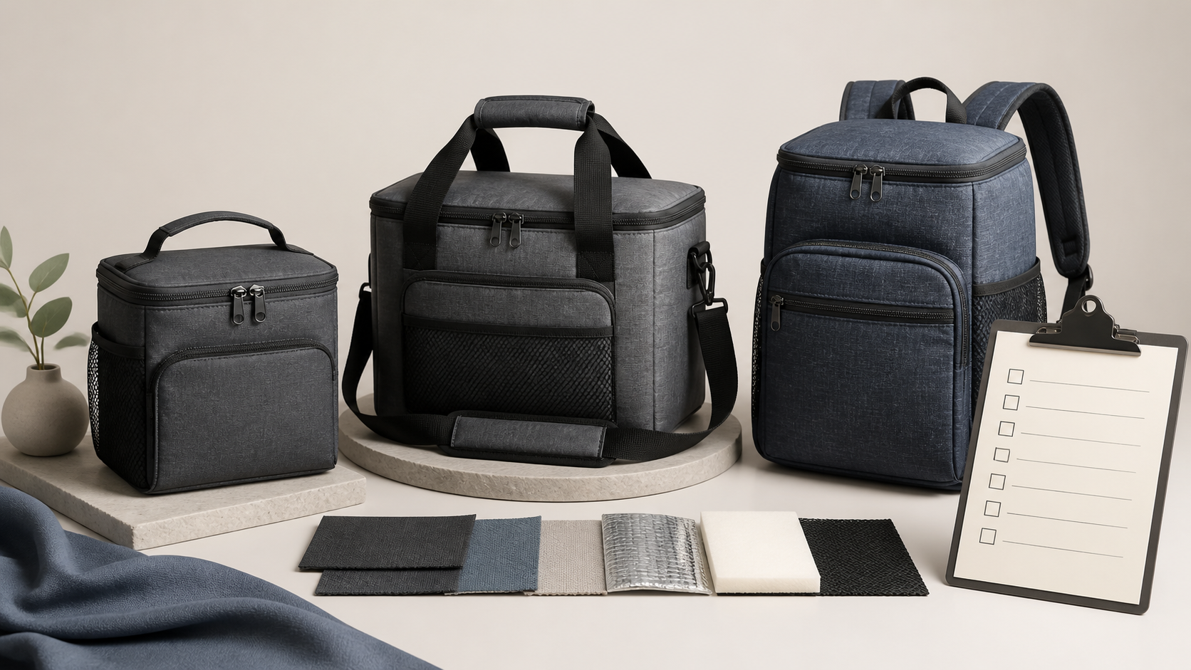 Illustrative comparison of lunch bags, cooler bags and insulated backpacks with material swatches