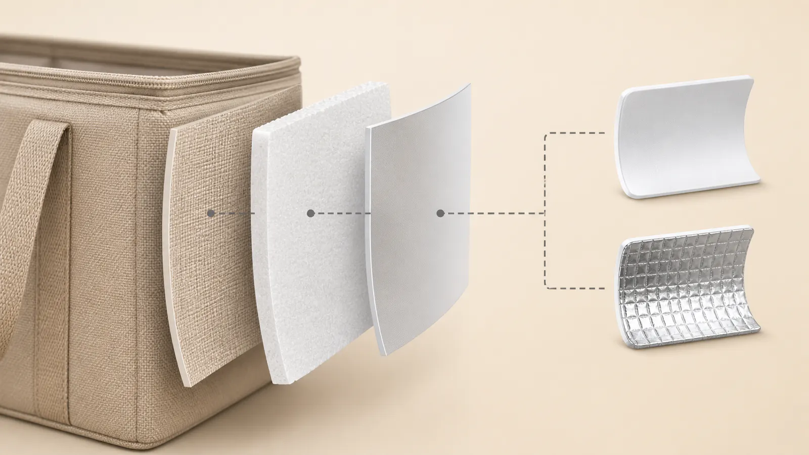 Insulated bag construction showing outer fabric, foam insulation and inner lining