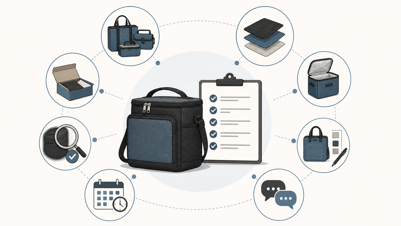 Illustrated buyer checklist covering eight factors for choosing an insulated bag manufacturer