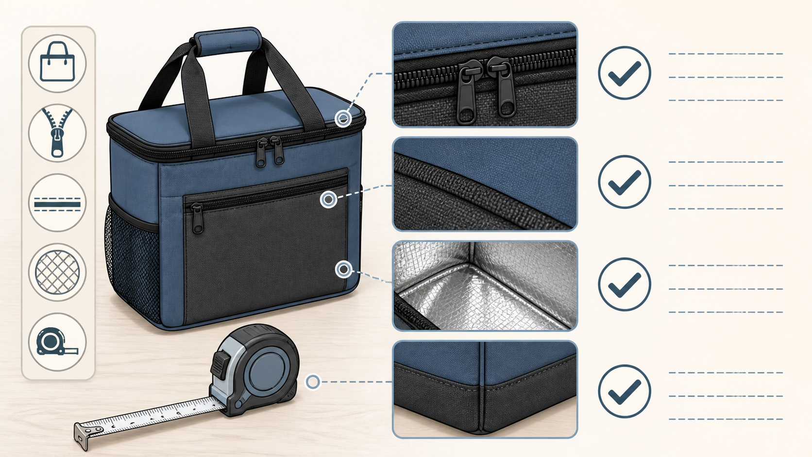 Illustrated buyer checklist for inspecting insulated bag zipper, lining, stitching and dimensions