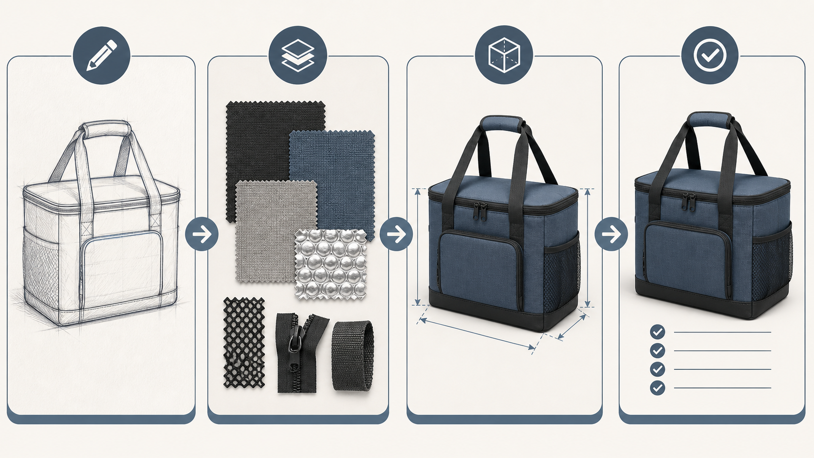Illustrated insulated bag sampling process from product sketch and materials to sample approval